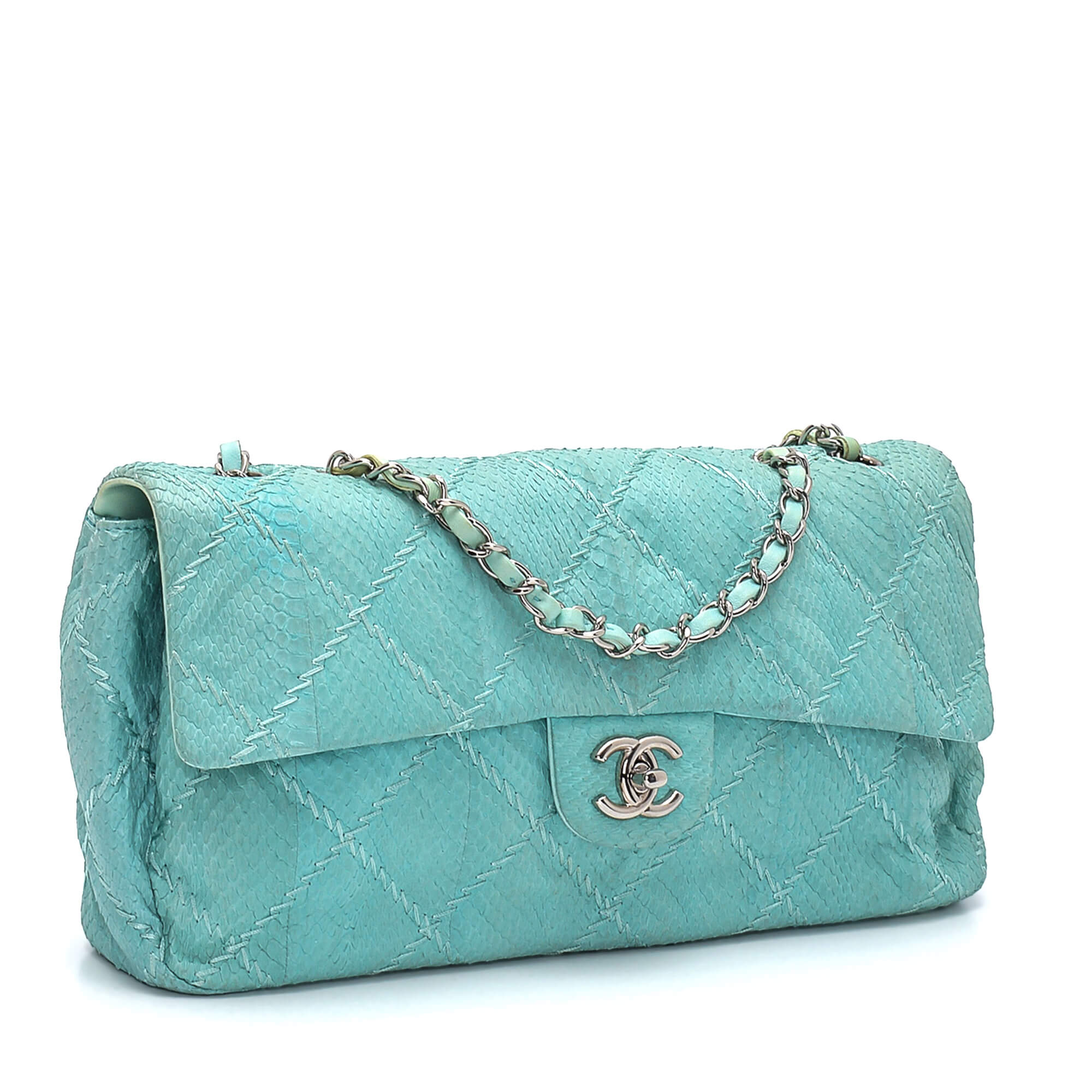 Chanel - Nile Green Python Leather East West Classic Flap Bag 